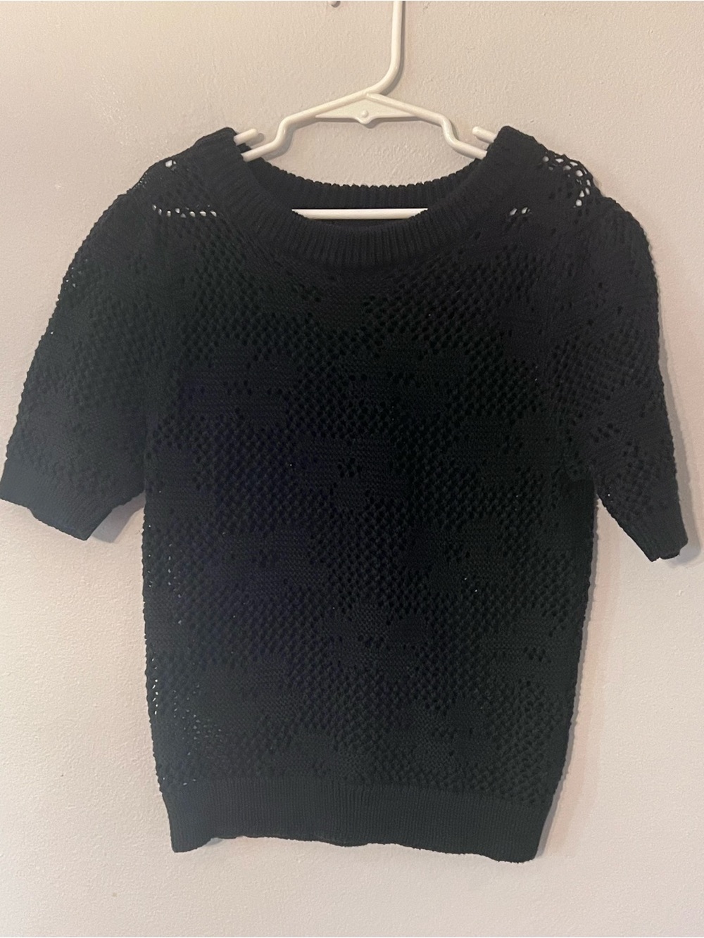 Lucky Brand Black Short-Sleeve Openwork Knit Top